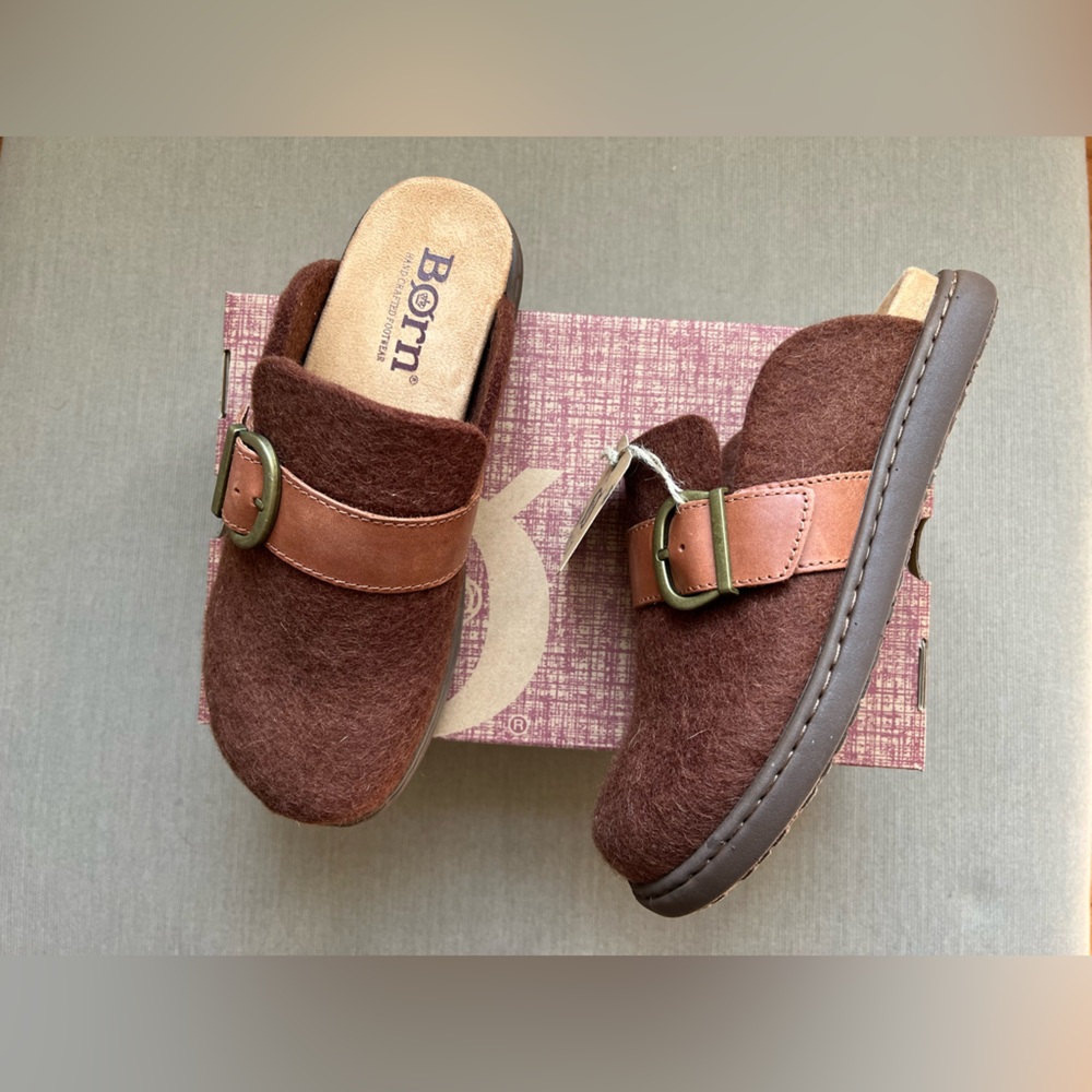 BORN Brown Slip On Clog Mules Size 7 Wool & Leather NEW
